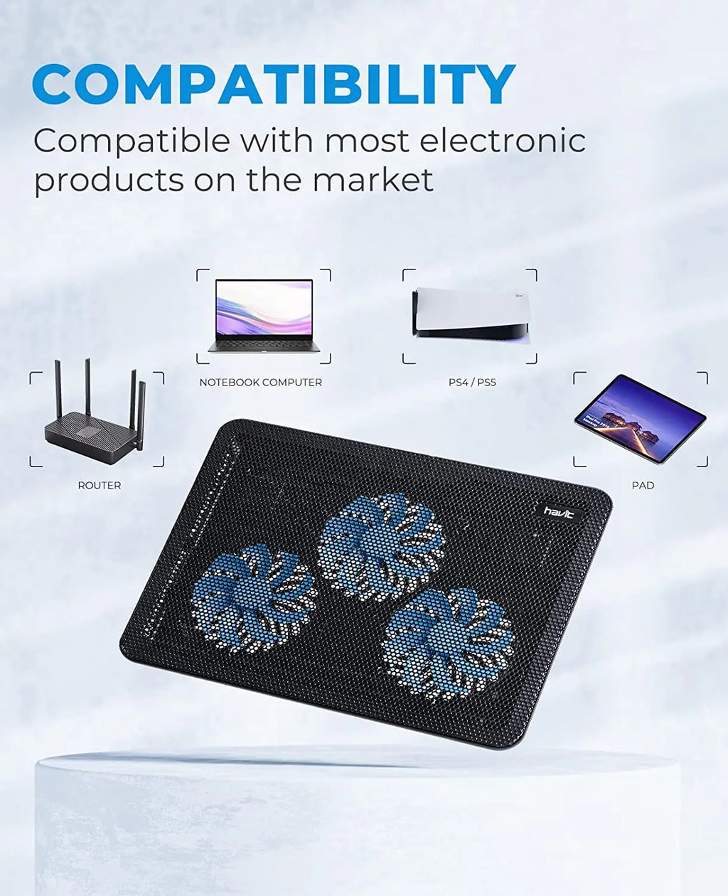 Laptop Cooling Pad, HV-F2056 15.6"-17" Laptop Cooler with 3 Quiet Fans for 12-17 Inch Notebook Gaming Fan Stable Stand Slim